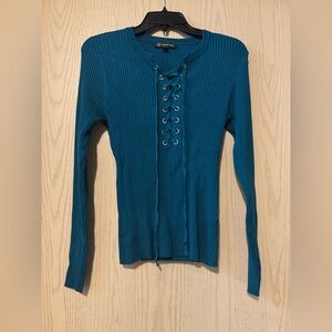 INC International Concepts Teal Blue Ribbed Lace Up Ribbed Sweater size Small